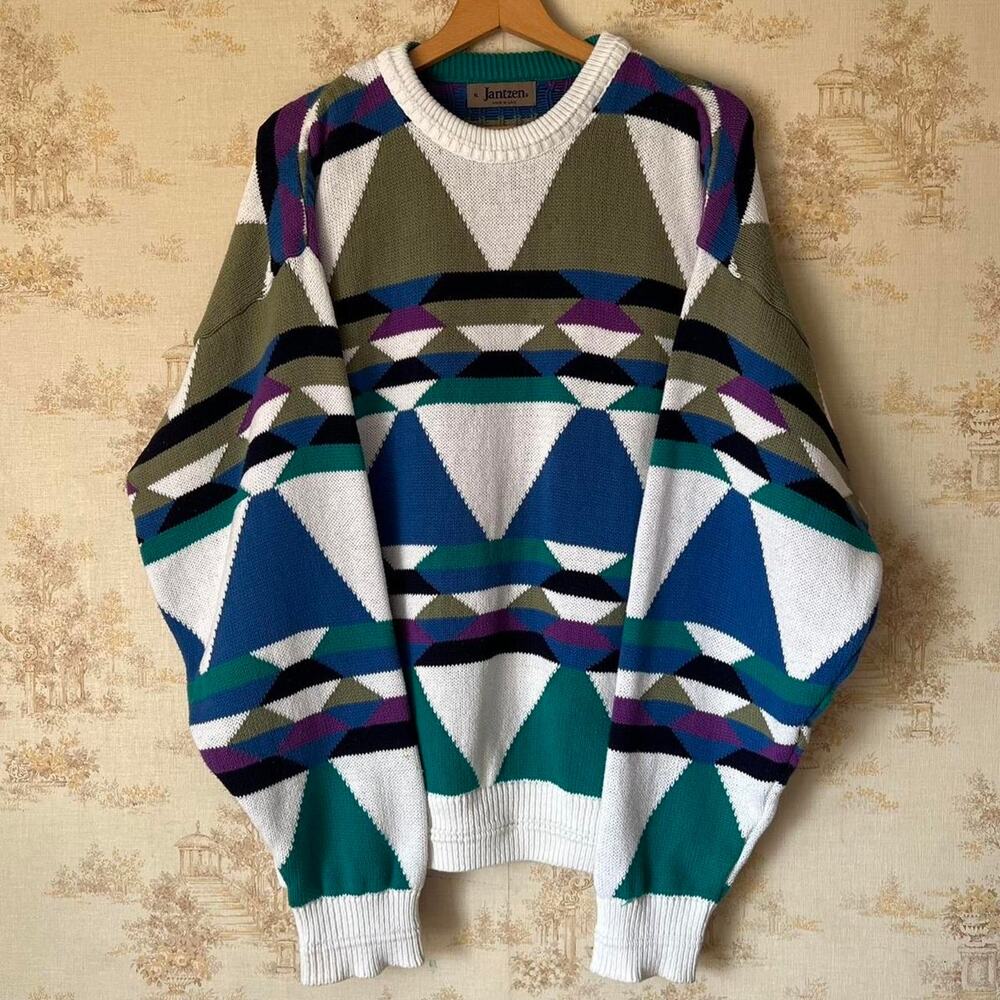 Vintage 90s Jantzen Geometric Sweater | Heavyweight Colorblock Knit | XL